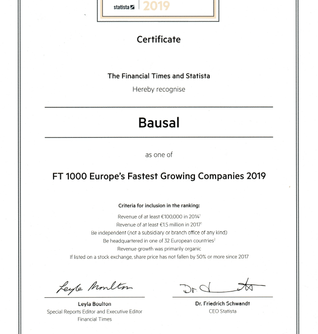Financial Times: Bausal among the 1000 fastest growing companies in Europe 2019